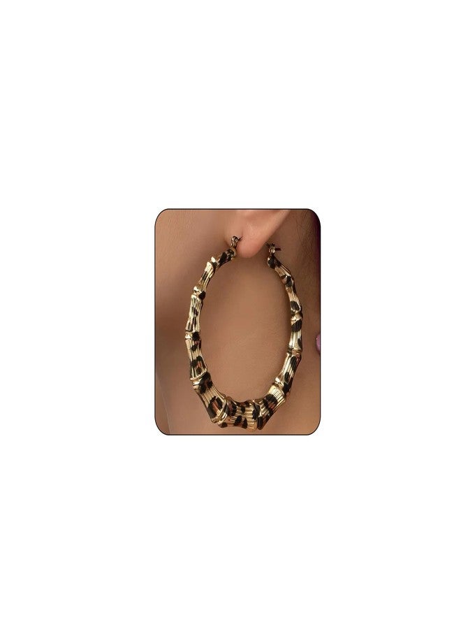 PLwelth Bamboo Earrings for Women Leopard Print Earrings Chunky Hoop Earring Large Hoop Jewelry Charms Accessories Statement Cheetah Print Earring 80s 90s Jewelry Gift for Her Cosplay Party Decor - Image 1